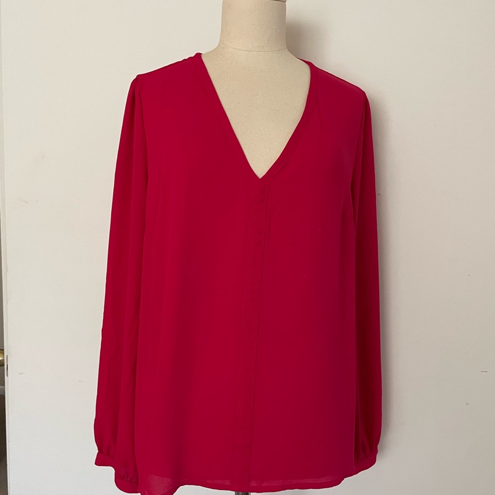 EUC J. CREW V-NECK LONG SLEEVE HOT PINK FUSCIA BLOUSE SZ L